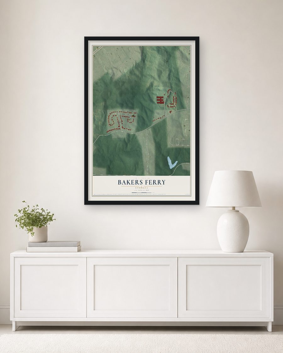 The Bakers Ferry, Georgia map, 24 x 36 in, in a black wood frame on a living room wall
