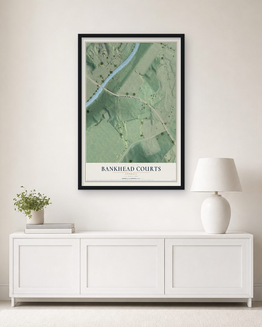 The Bankhead Courts, Georgia map, 24 x 36 in, in a black wood frame on a living room wall