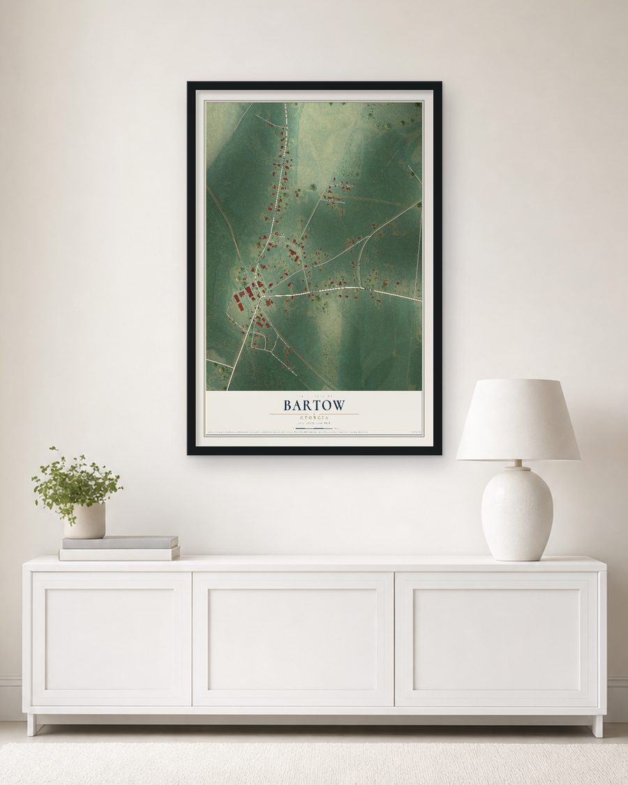 The Bartow, Georgia map, 24 x 36 in, in a black wood frame on a living room wall