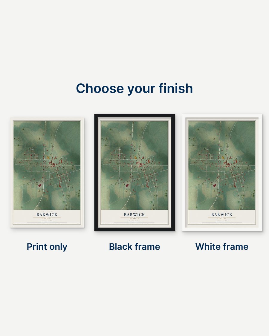 The Barwick, Georgia map as a print only, in a black frame and in a white frame