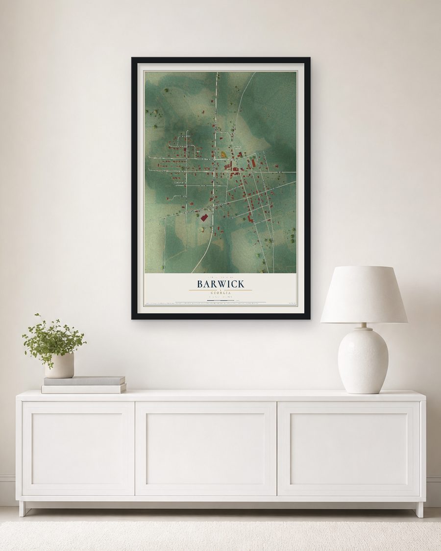 The Barwick, Georgia map, 24 x 36 in, in a black wood frame on a living room wall
