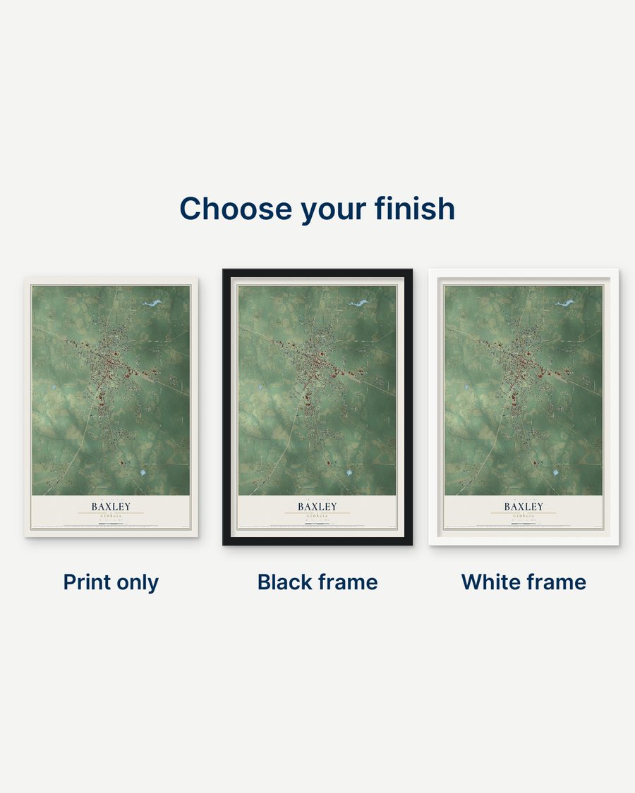 The Baxley, Georgia map as a print only, in a black frame and in a white frame