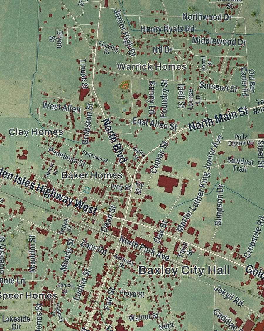 Close-up of Baxley streets on the map