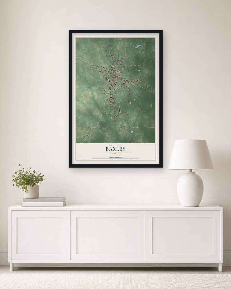 The Baxley, Georgia map, 24 x 36 in, in a black wood frame on a living room wall