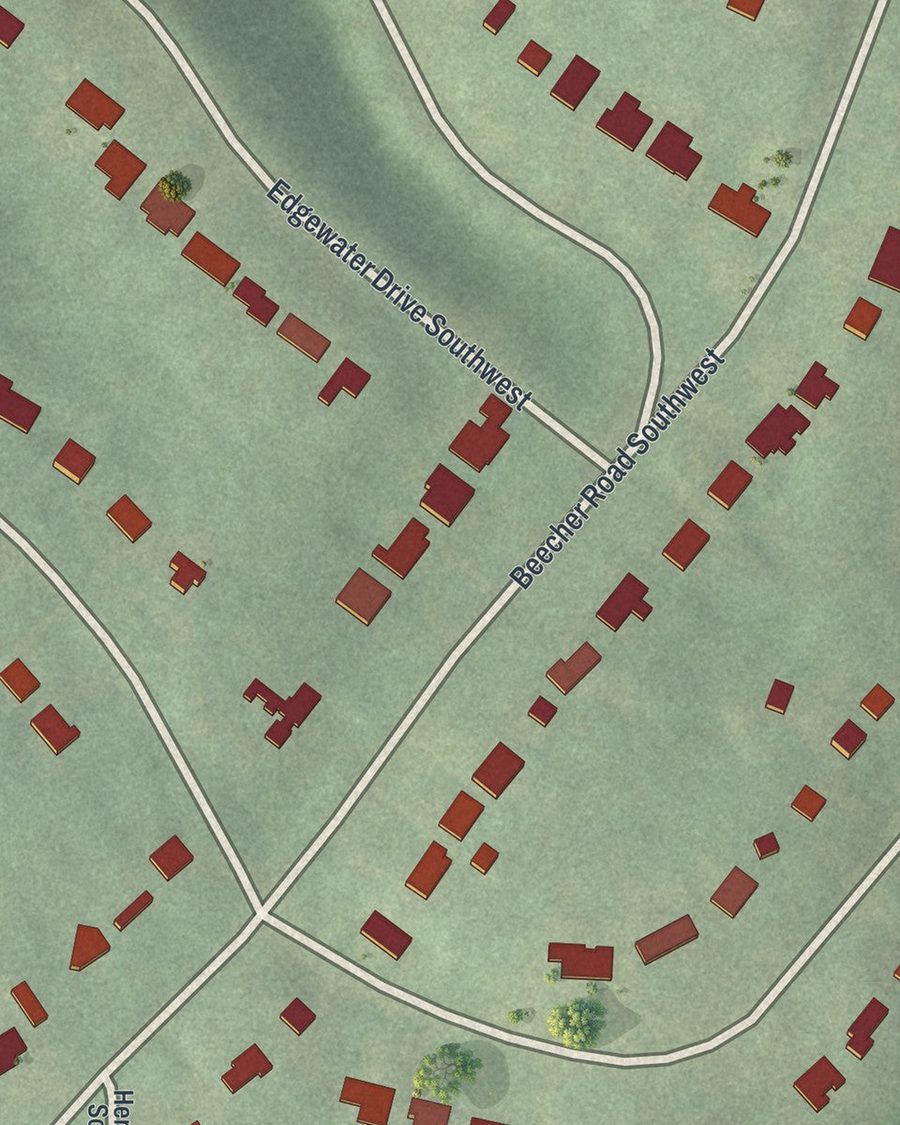 Close-up of Beecher Hills streets on the map