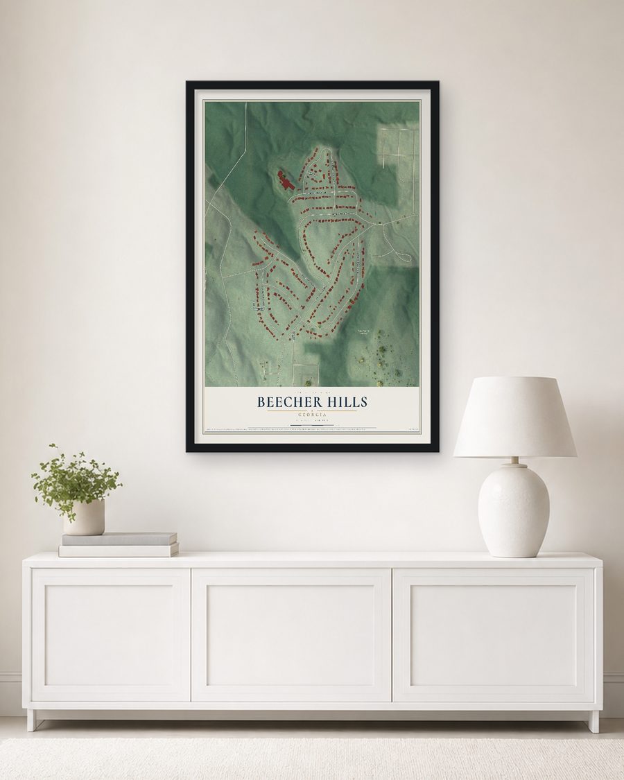 The Beecher Hills, Georgia map, 24 x 36 in, in a black wood frame on a living room wall