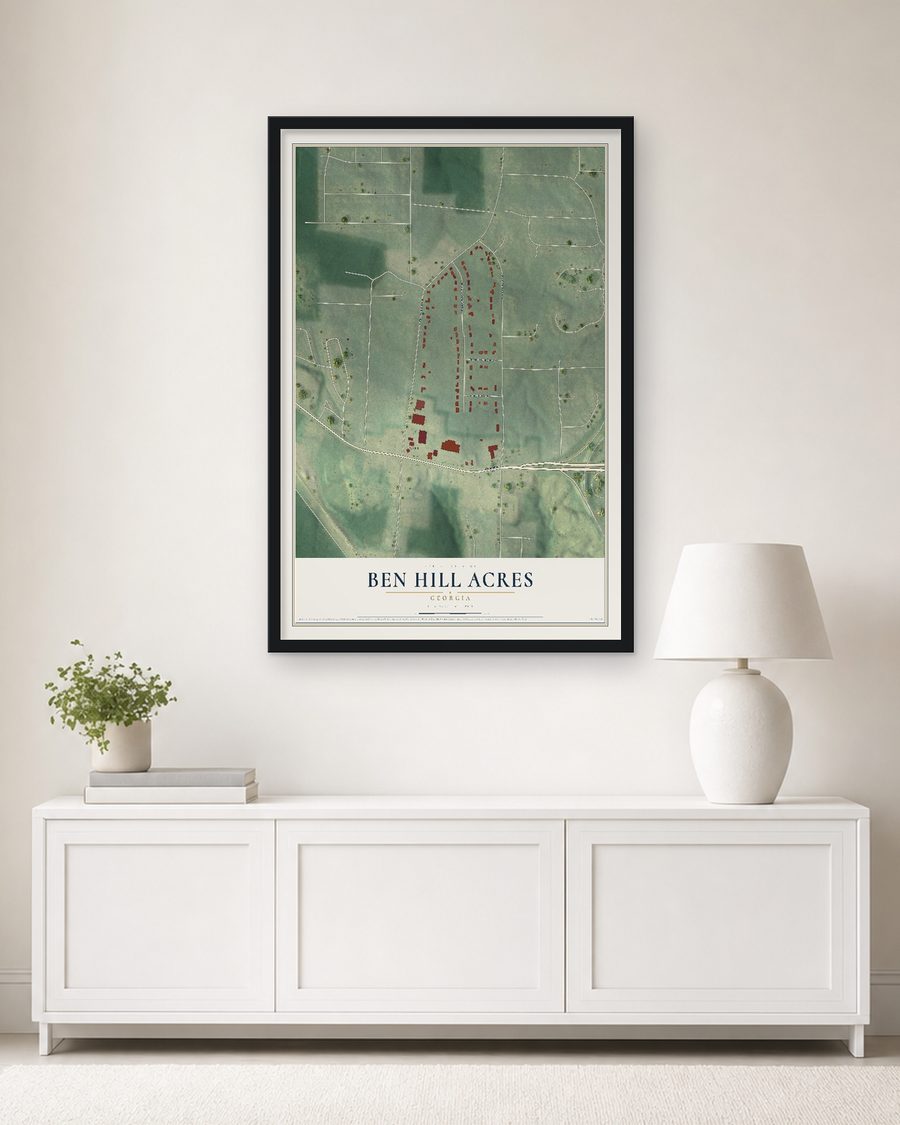 The Ben Hill Acres, Georgia map, 24 x 36 in, in a black wood frame on a living room wall