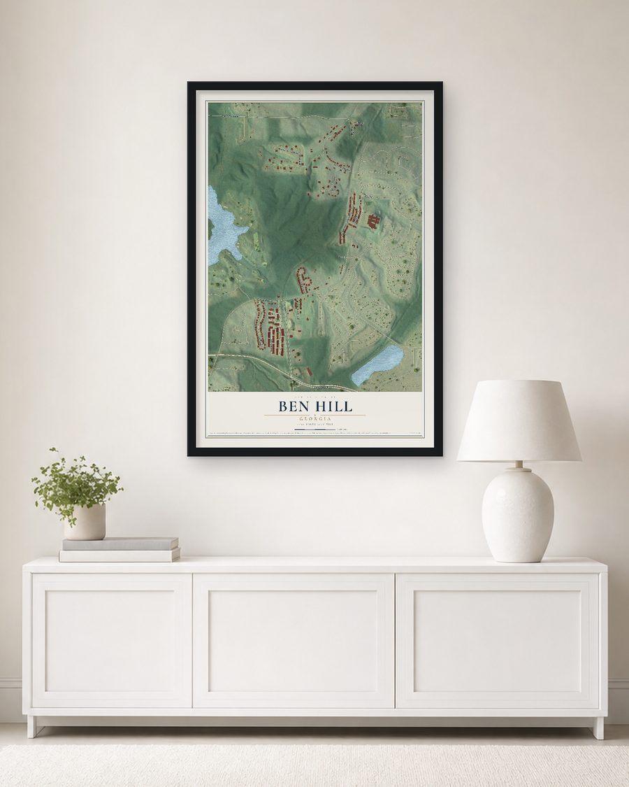 The Ben Hill, Georgia map, 24 x 36 in, in a black wood frame on a living room wall