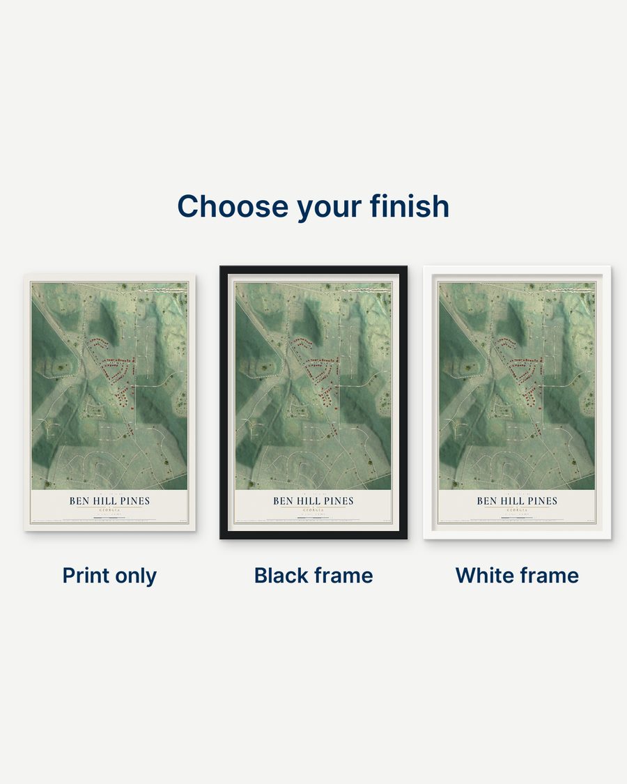 The Ben Hill Pines, Georgia map as a print only, in a black frame and in a white frame