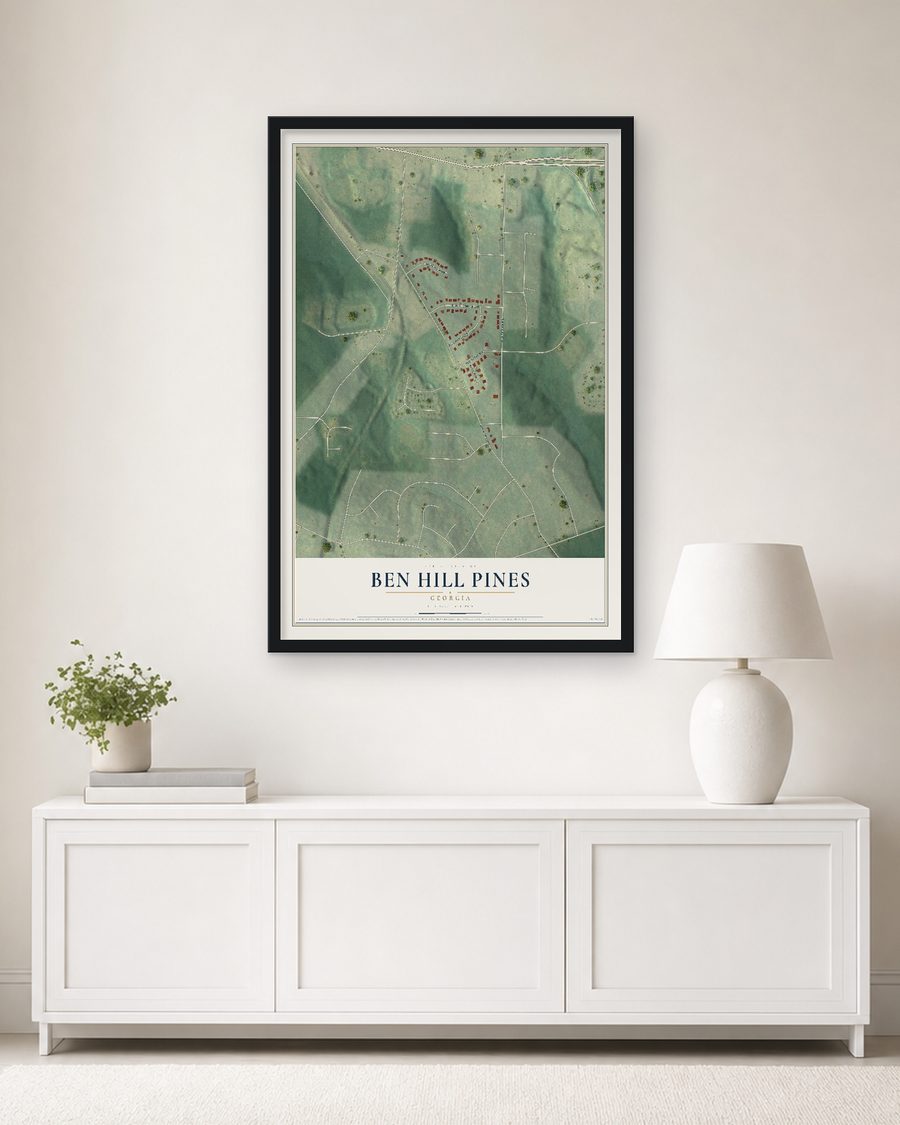 The Ben Hill Pines, Georgia map, 24 x 36 in, in a black wood frame on a living room wall