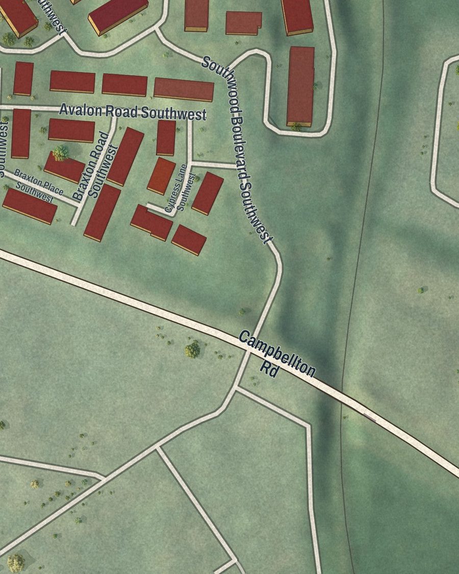 Close-up of Ben Hill Terrace streets on the map