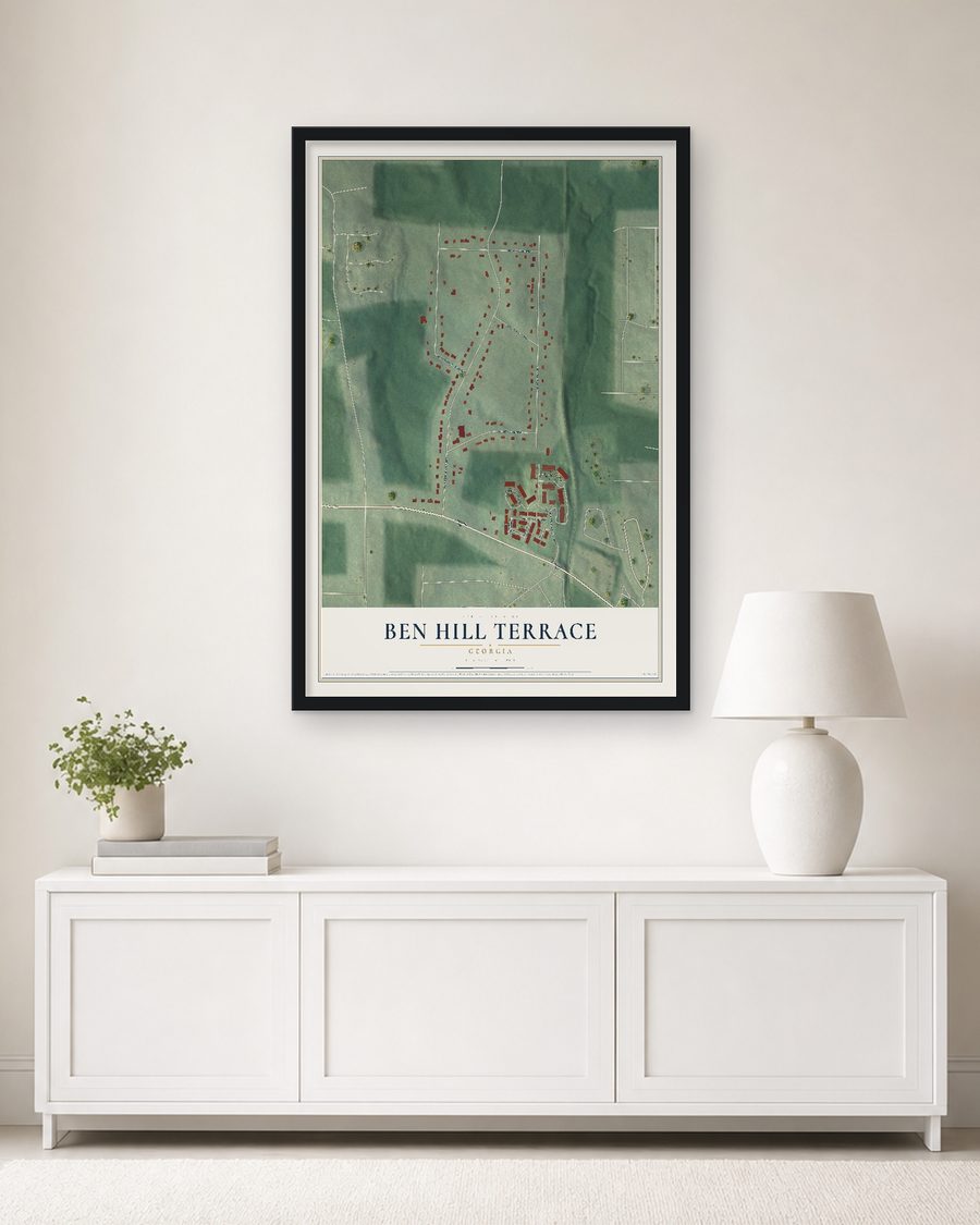 The Ben Hill Terrace, Georgia map, 24 x 36 in, in a black wood frame on a living room wall
