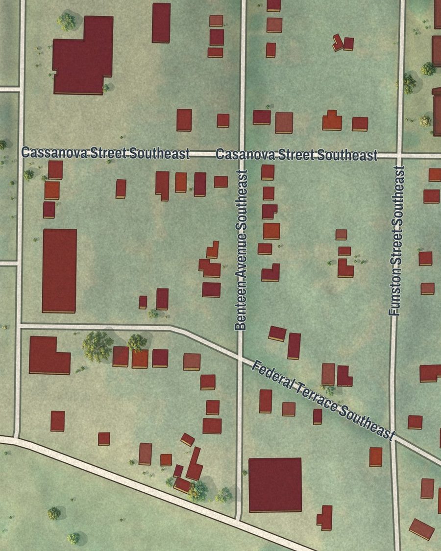 Close-up of Benteen Park streets on the map