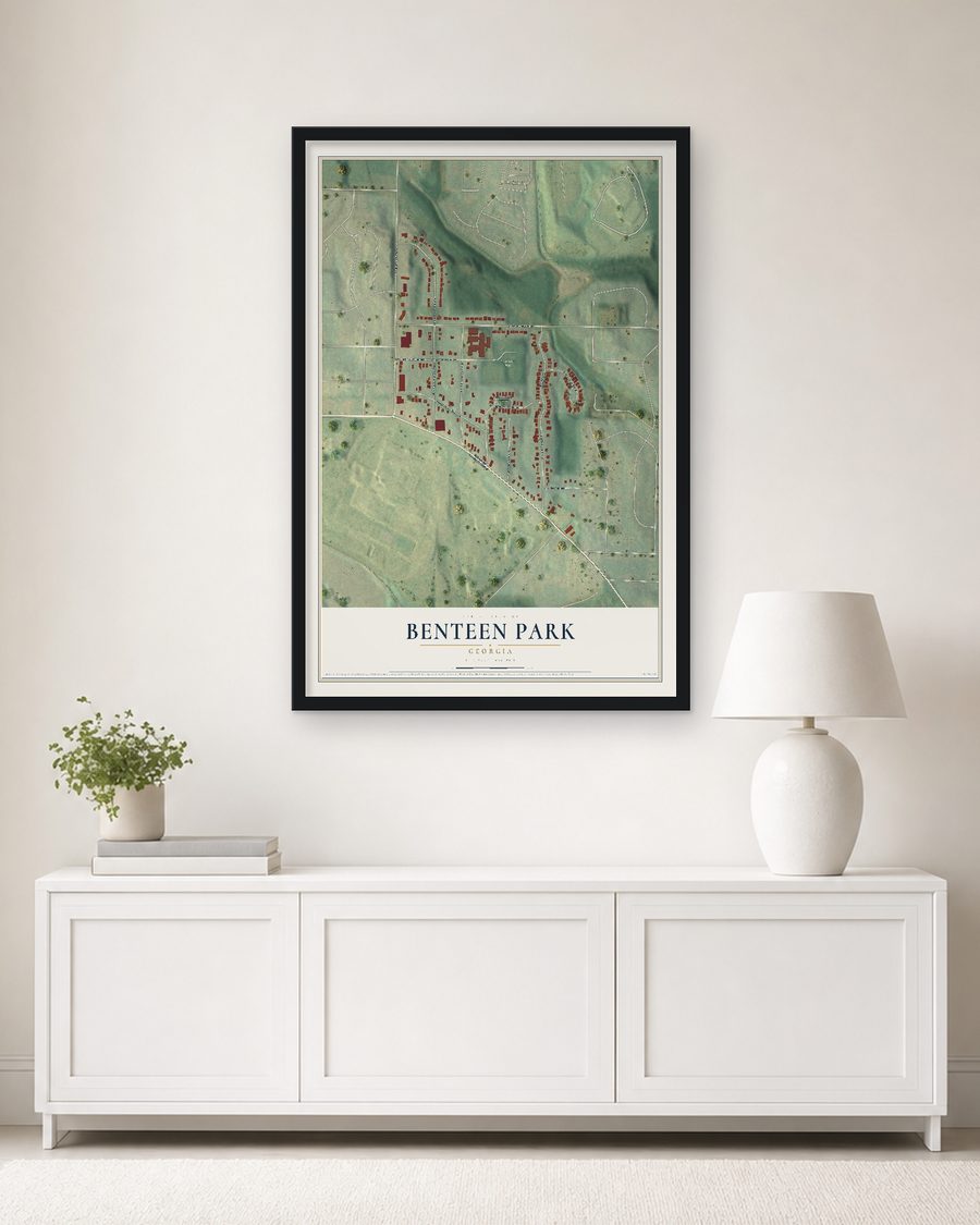 The Benteen Park, Georgia map, 24 x 36 in, in a black wood frame on a living room wall