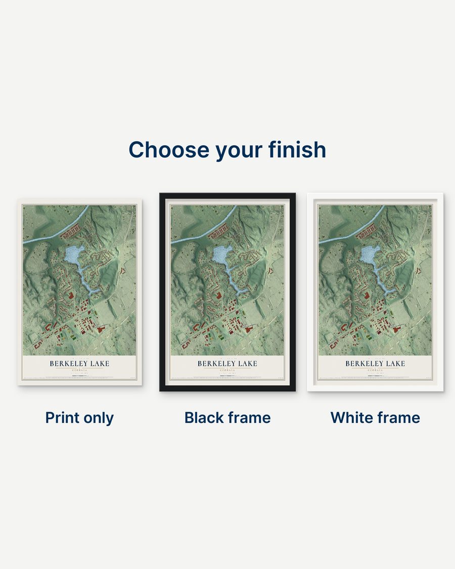 The Berkeley Lake, Georgia map as a print only, in a black frame and in a white frame