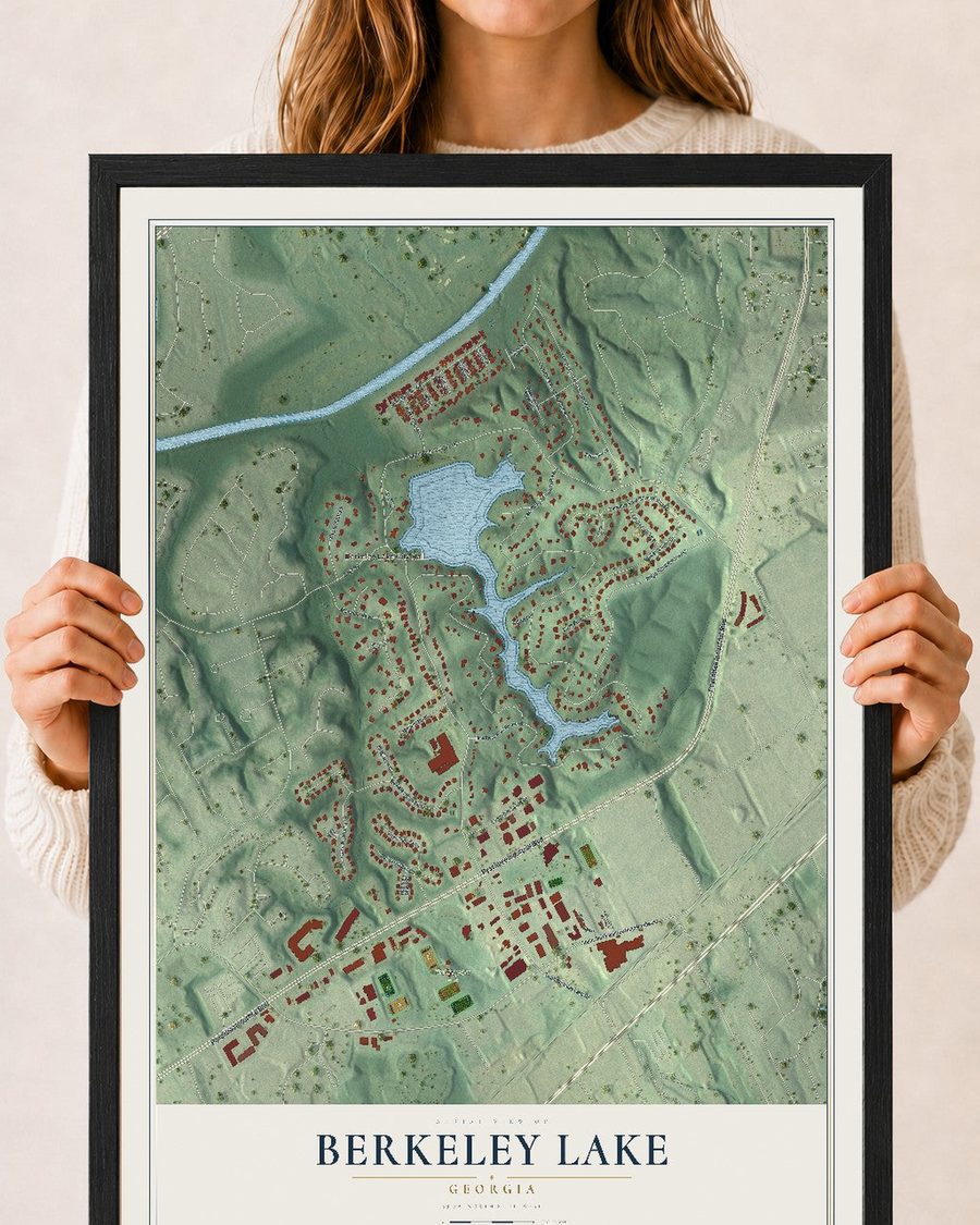Berkeley Lake, Georgia map print, 18 x 24 in, black wood frame