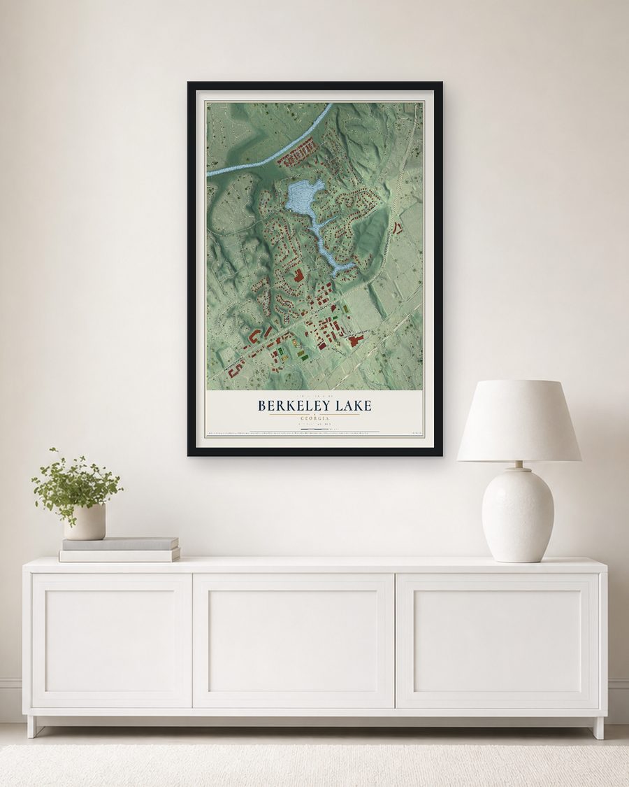 The Berkeley Lake, Georgia map, 24 x 36 in, in a black wood frame on a living room wall