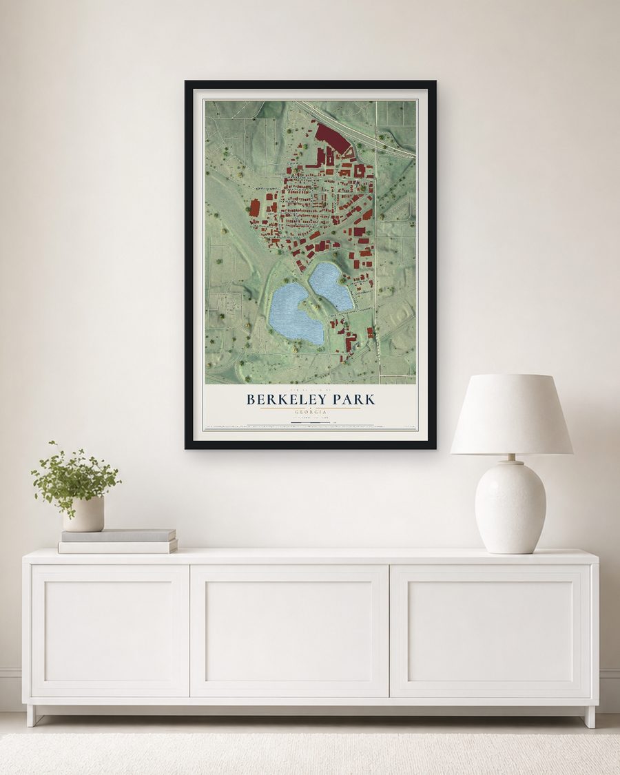 The Berkeley Park, Georgia map, 24 x 36 in, in a black wood frame on a living room wall