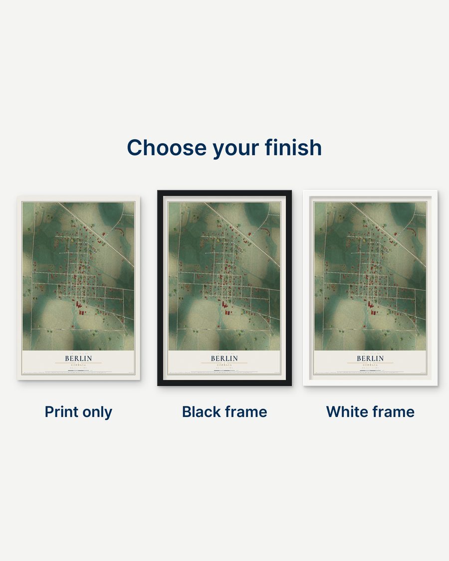 The Berlin, Georgia map as a print only, in a black frame and in a white frame
