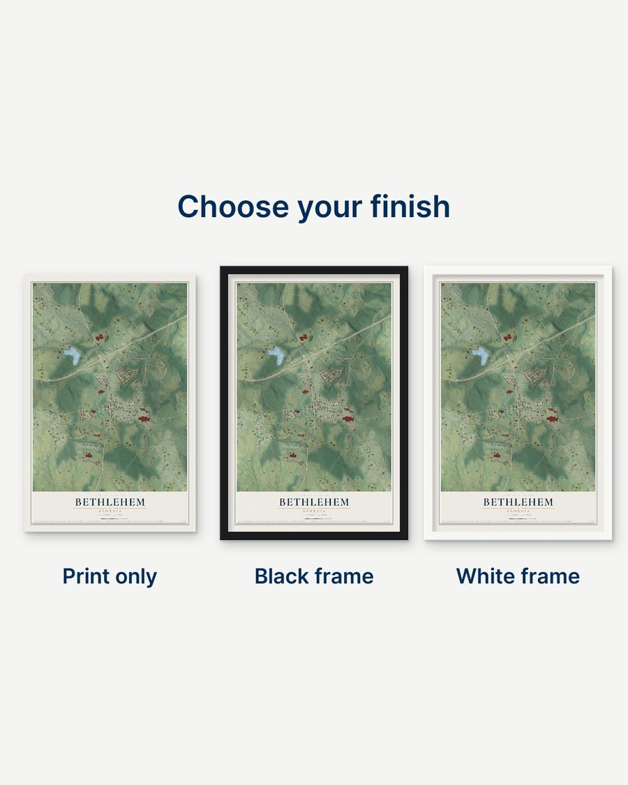 The Bethlehem, Georgia map as a print only, in a black frame and in a white frame