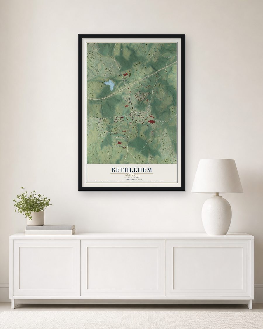 The Bethlehem, Georgia map, 24 x 36 in, in a black wood frame on a living room wall
