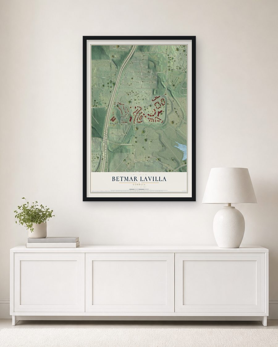 The Betmar LaVilla, Georgia map, 24 x 36 in, in a black wood frame on a living room wall