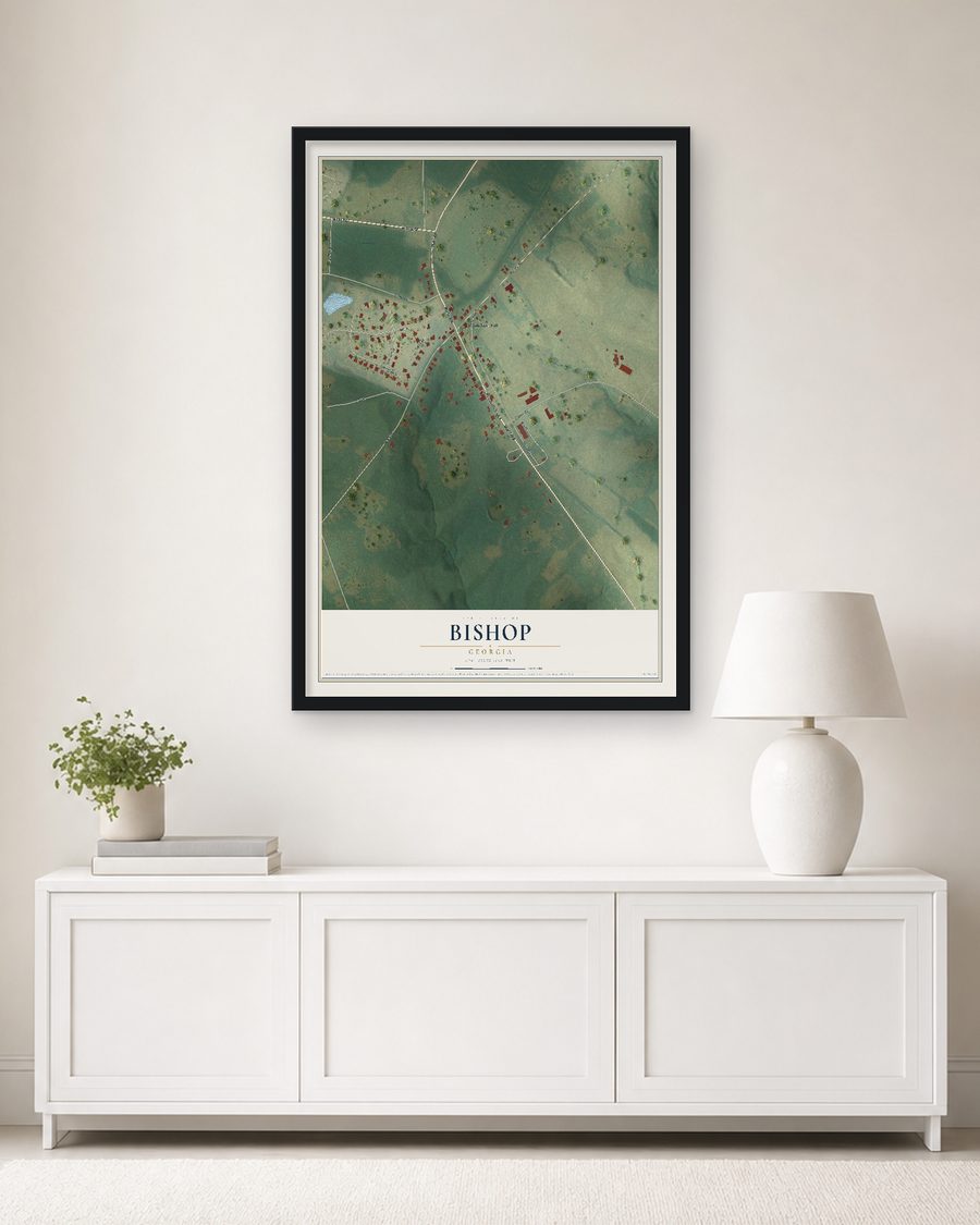 The Bishop, Georgia map, 24 x 36 in, in a black wood frame on a living room wall