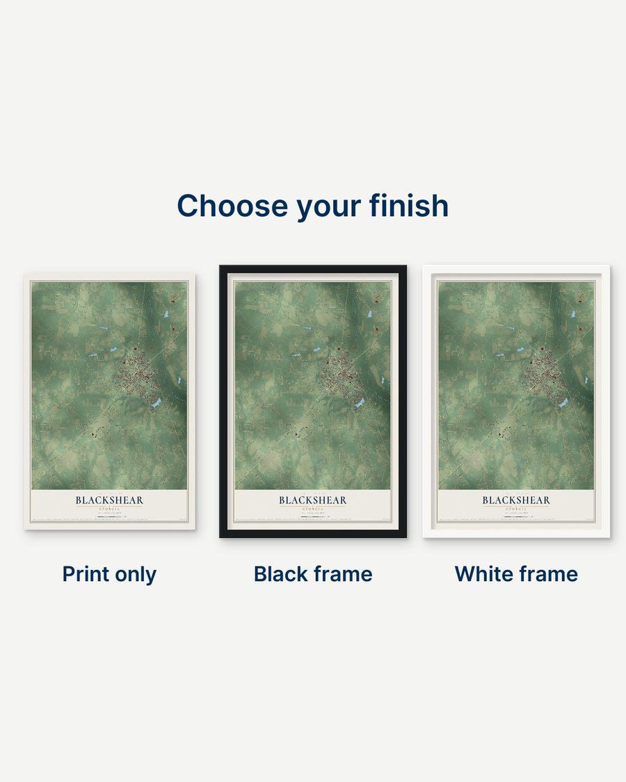 The Blackshear, Georgia map as a print only, in a black frame and in a white frame