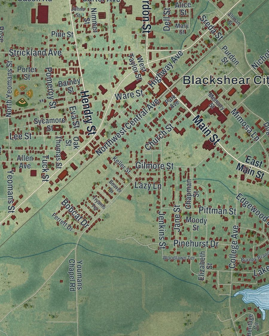 Close-up of Blackshear streets on the map