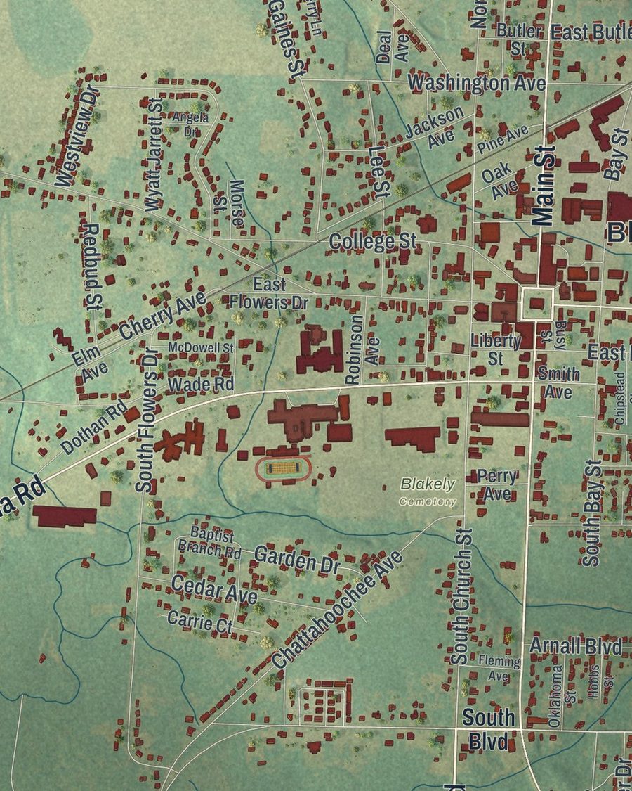 Close-up of Blakely streets on the map