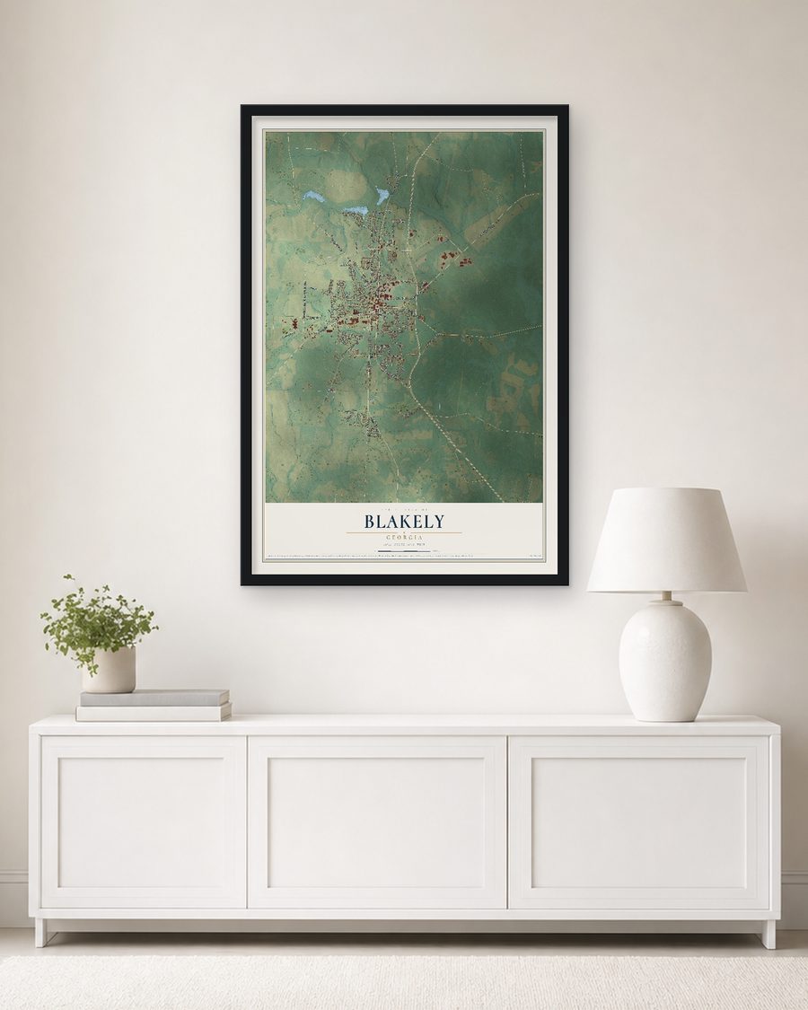 The Blakely, Georgia map, 24 x 36 in, in a black wood frame on a living room wall
