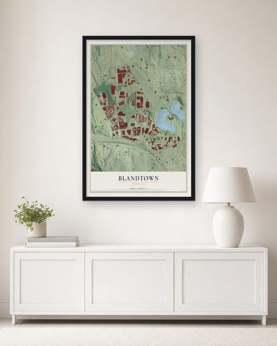 The Blandtown, Georgia map, 24 x 36 in, in a black wood frame on a living room wall