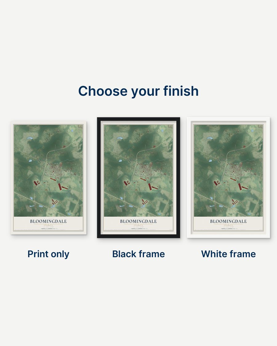 The Bloomingdale, Georgia map as a print only, in a black frame and in a white frame