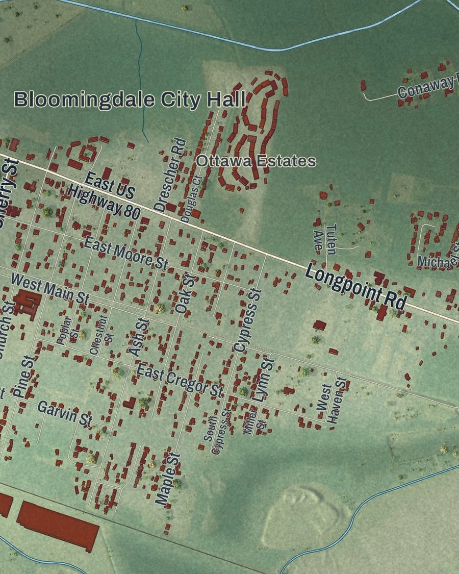 Close-up of Bloomingdale streets on the map