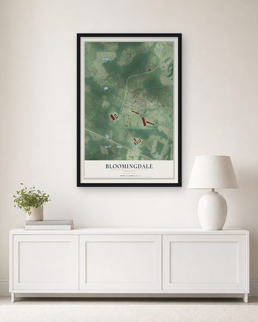 The Bloomingdale, Georgia map, 24 x 36 in, in a black wood frame on a living room wall