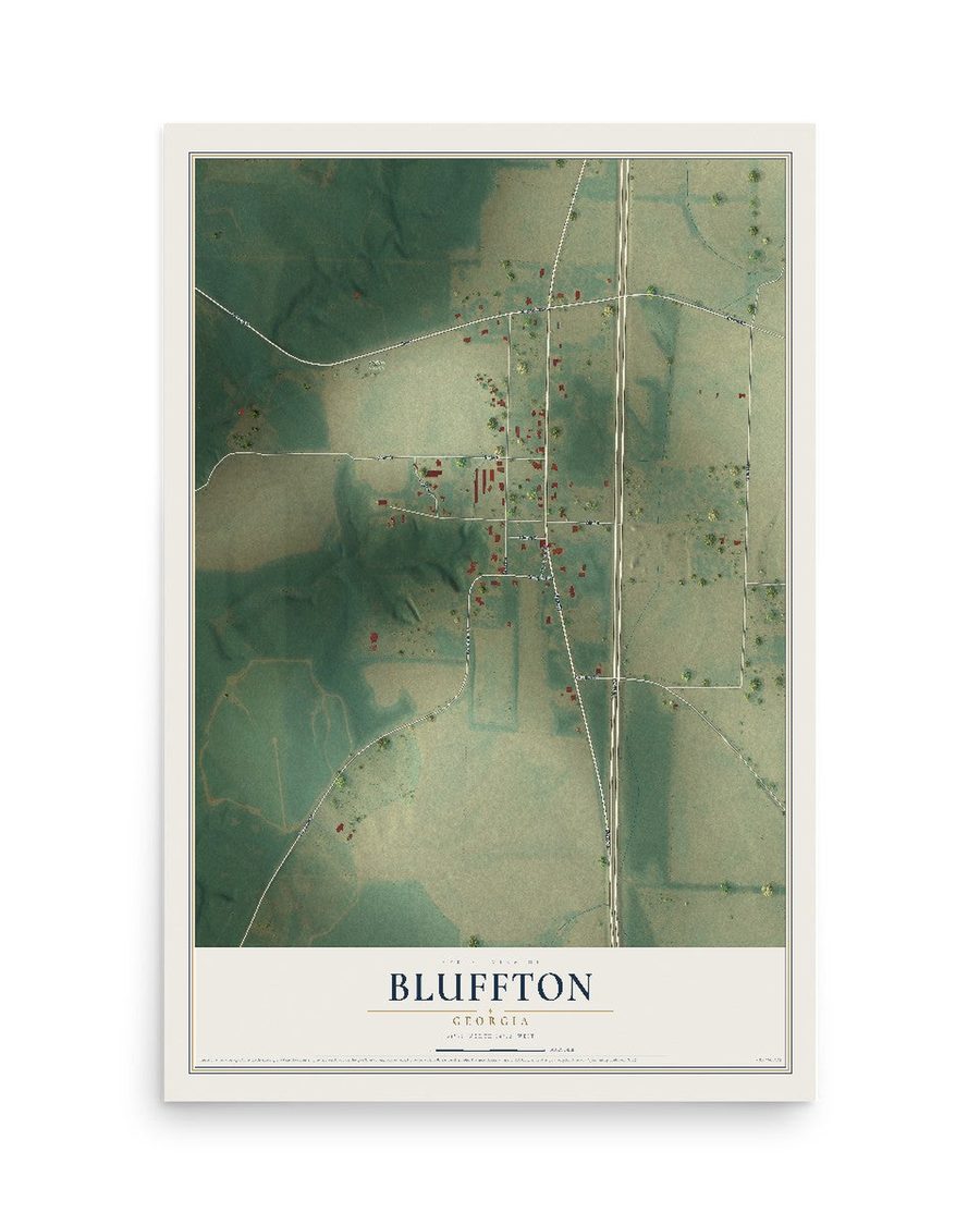 Bluffton, Georgia map print, 12 x 18 in, print only