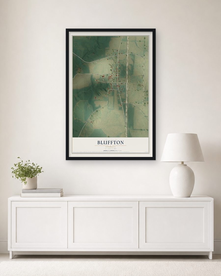 The Bluffton, Georgia map, 24 x 36 in, in a black wood frame on a living room wall