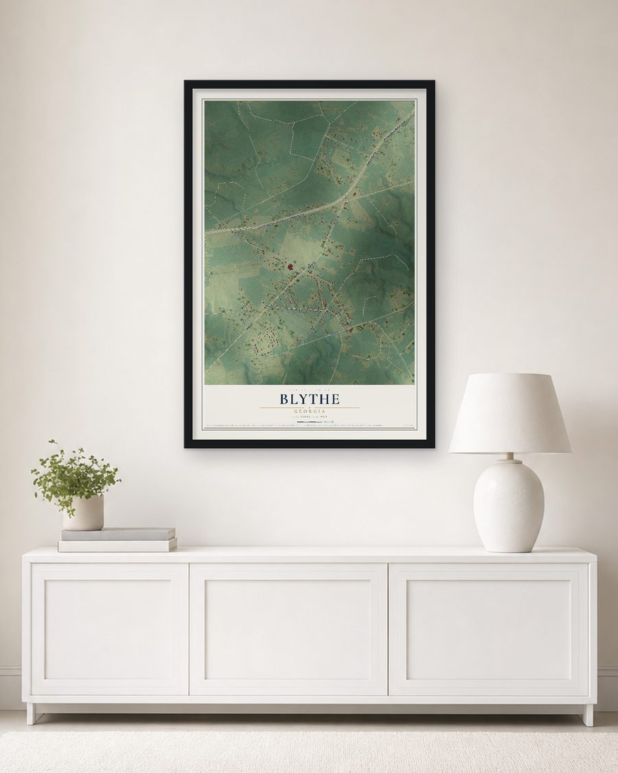 The Blythe, Georgia map, 24 x 36 in, in a black wood frame on a living room wall