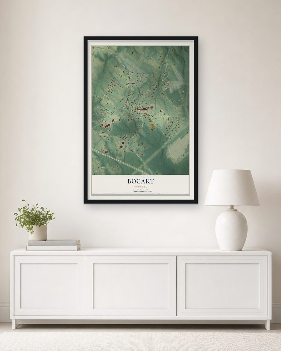 The Bogart, Georgia map, 24 x 36 in, in a black wood frame on a living room wall