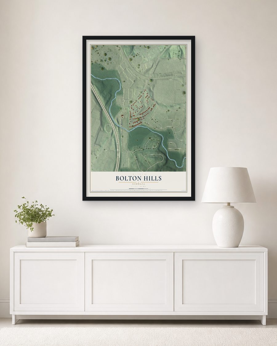 The Bolton Hills, Georgia map, 24 x 36 in, in a black wood frame on a living room wall