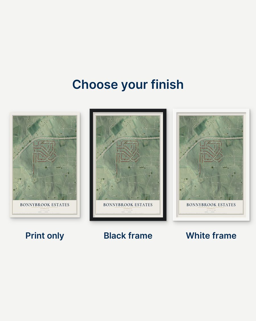 The Bonnybrook Estates, Georgia map as a print only, in a black frame and in a white frame