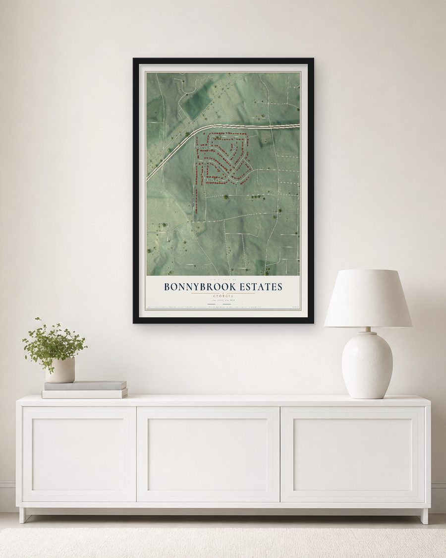 The Bonnybrook Estates, Georgia map, 24 x 36 in, in a black wood frame on a living room wall