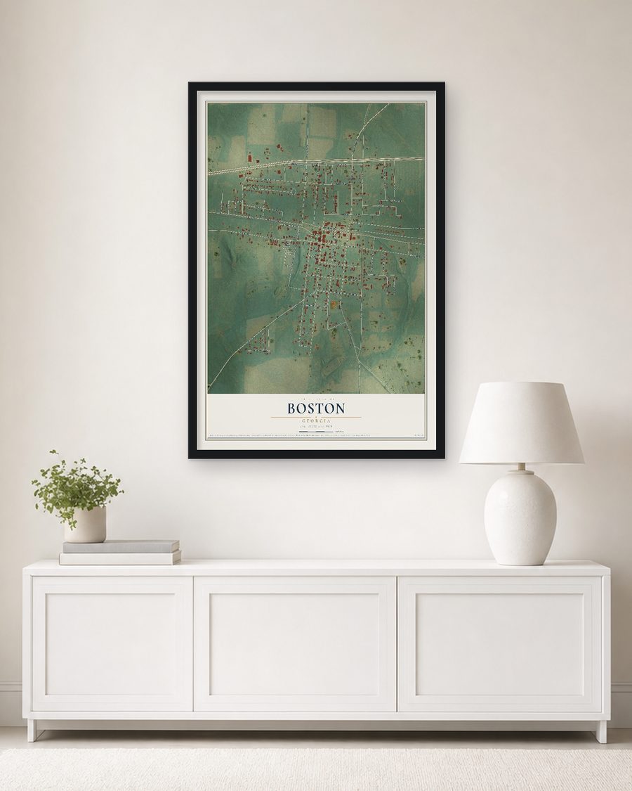 The Boston, Georgia map, 24 x 36 in, in a black wood frame on a living room wall