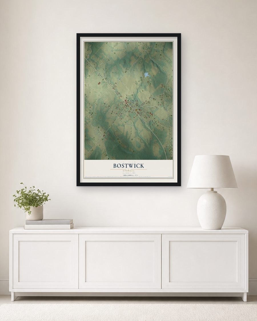 The Bostwick, Georgia map, 24 x 36 in, in a black wood frame on a living room wall
