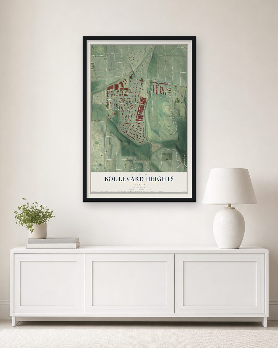 The Boulevard Heights, Georgia map, 24 x 36 in, in a black wood frame on a living room wall