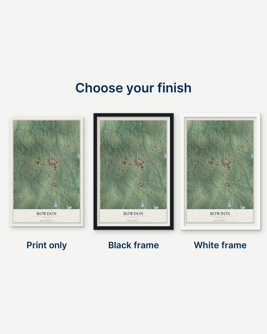 The Bowdon, Georgia map as a print only, in a black frame and in a white frame