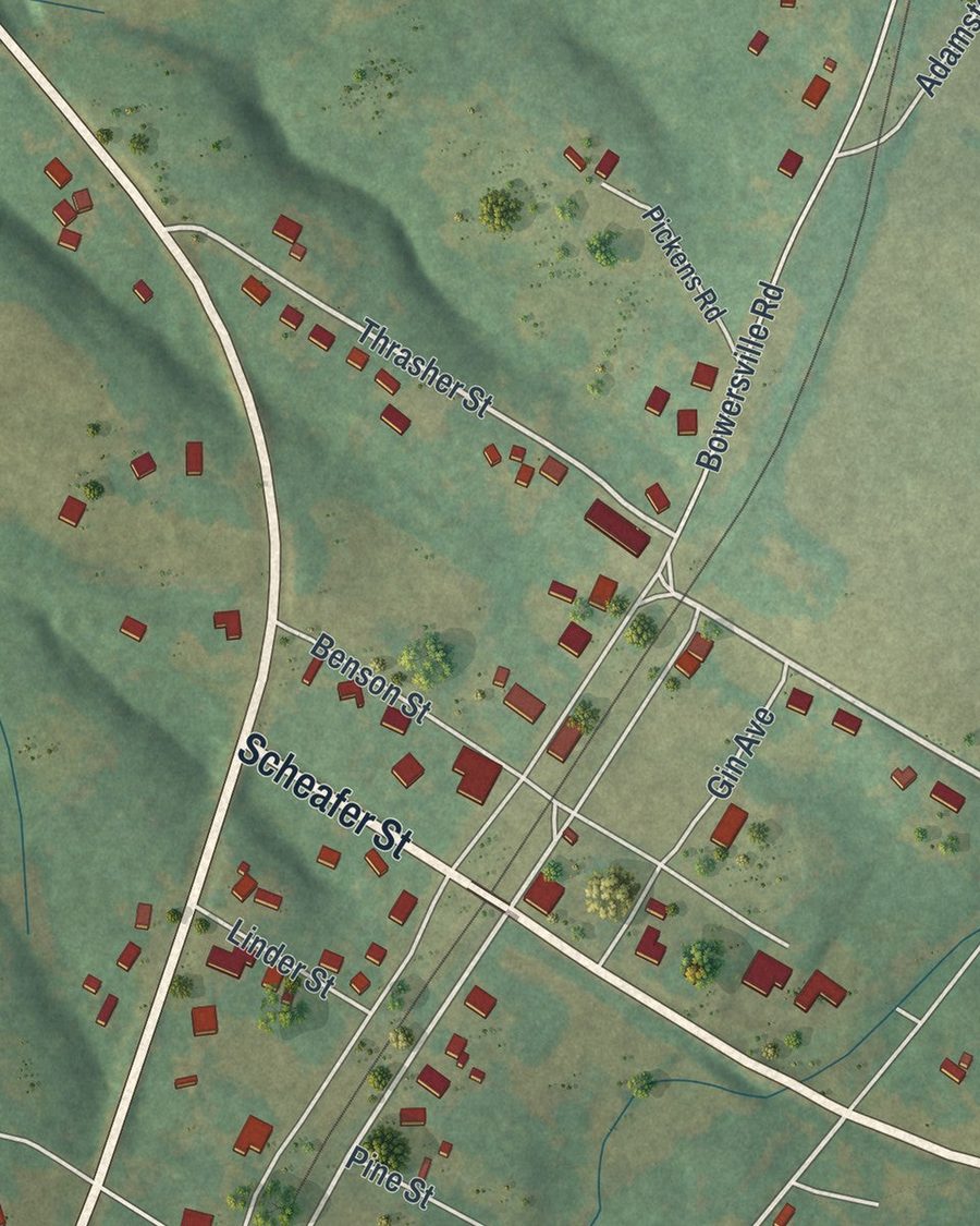 Close-up of Bowersville streets on the map