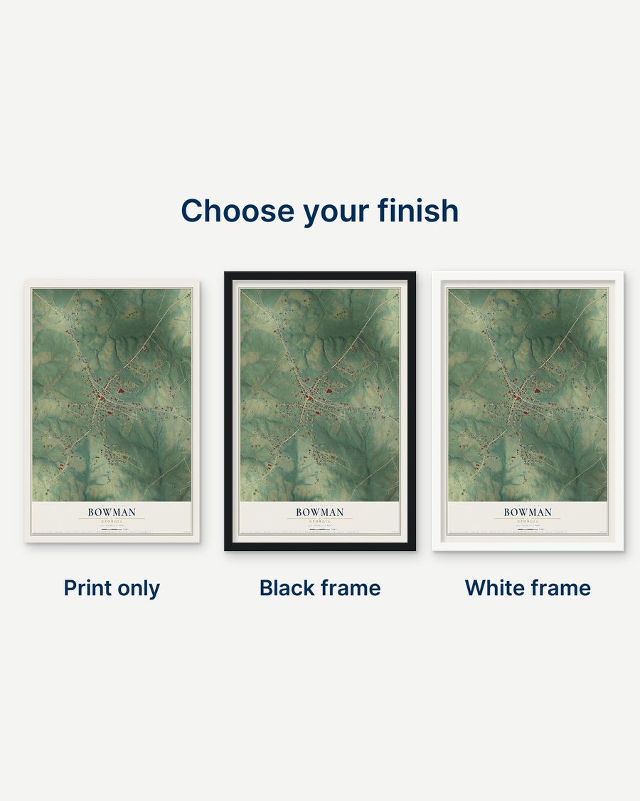 The Bowman, Georgia map as a print only, in a black frame and in a white frame
