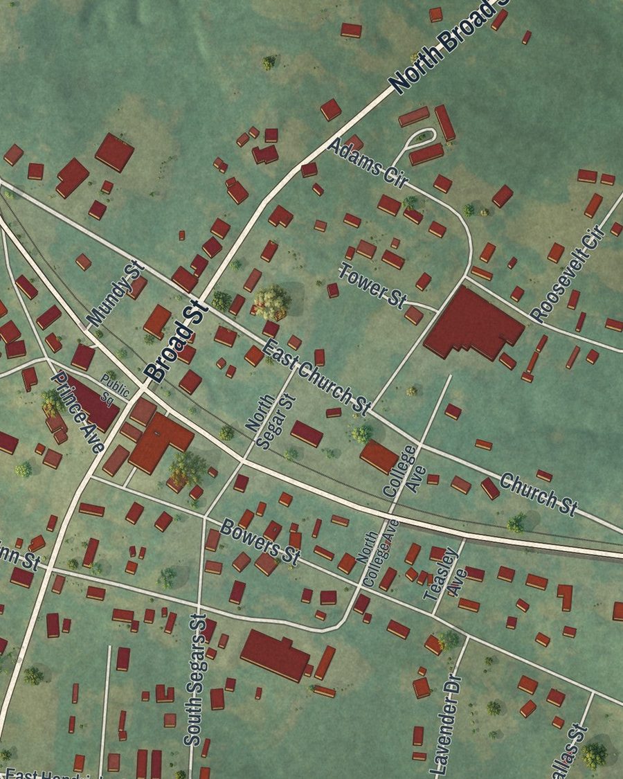 Close-up of Bowman streets on the map