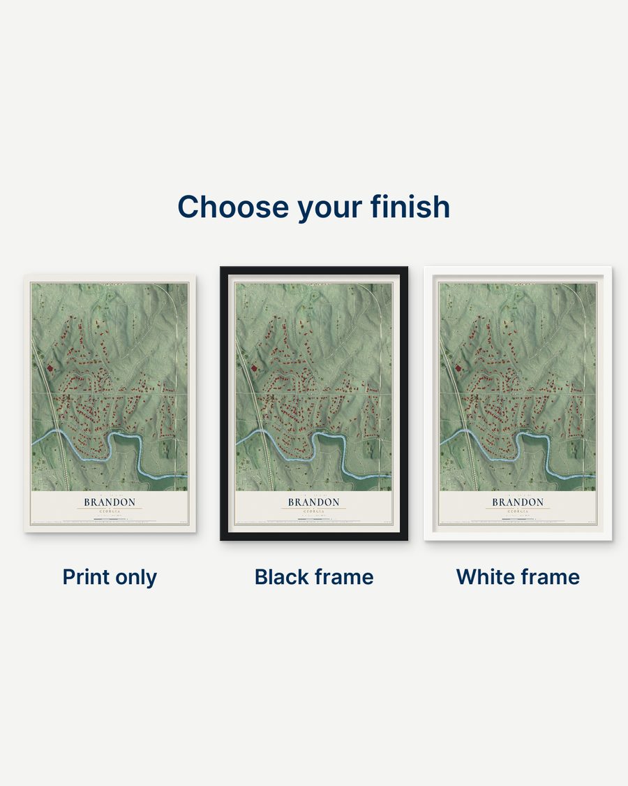 The Brandon, Georgia map as a print only, in a black frame and in a white frame